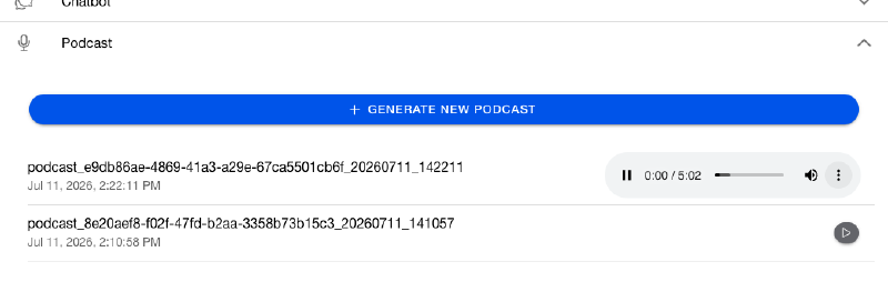 Two finished episodes with the in-browser audio player