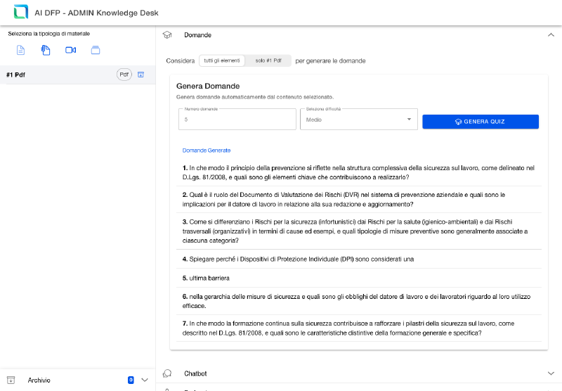 Quiz generator with question count and difficulty controls and the generated question list