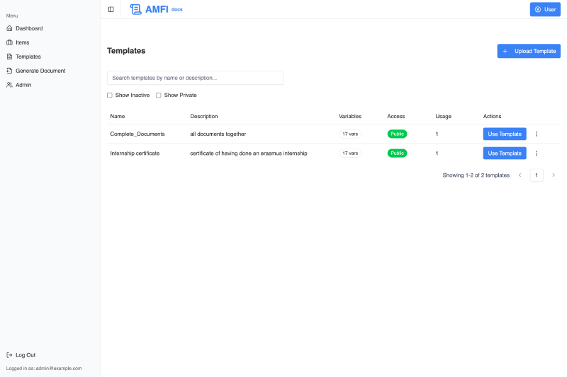 Templates list